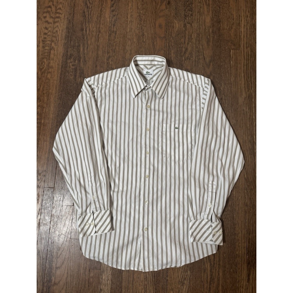 Lacoste Mens Long Sleeve Button Down Shirt Size 41 L Beige White Striped Logo